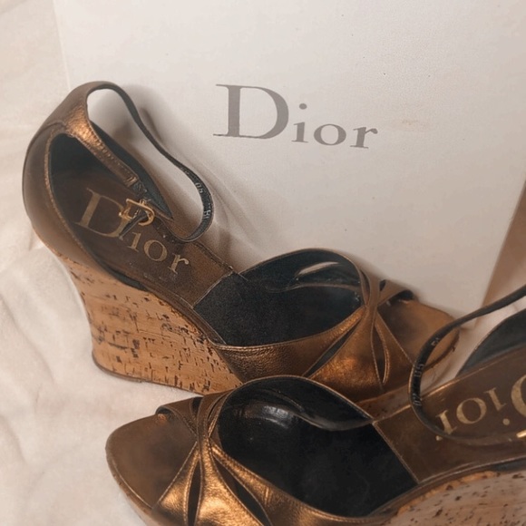 Dior wedged shoes 7.5 37.5 bronze gold gloss cork wedge authentic - Picture 3 of 16